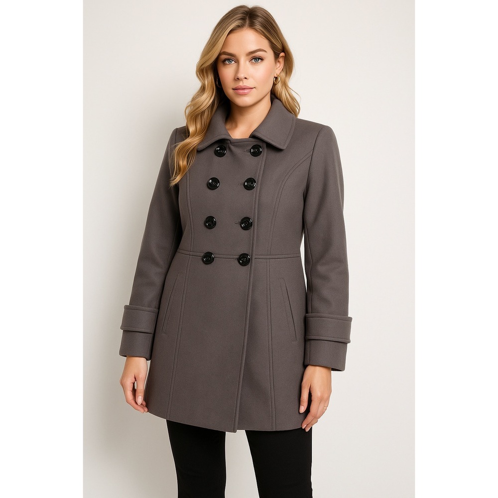 Kenneth Cole Pea Coat Women 12 Gray Double Breasted Wool Modern Classic Timeless